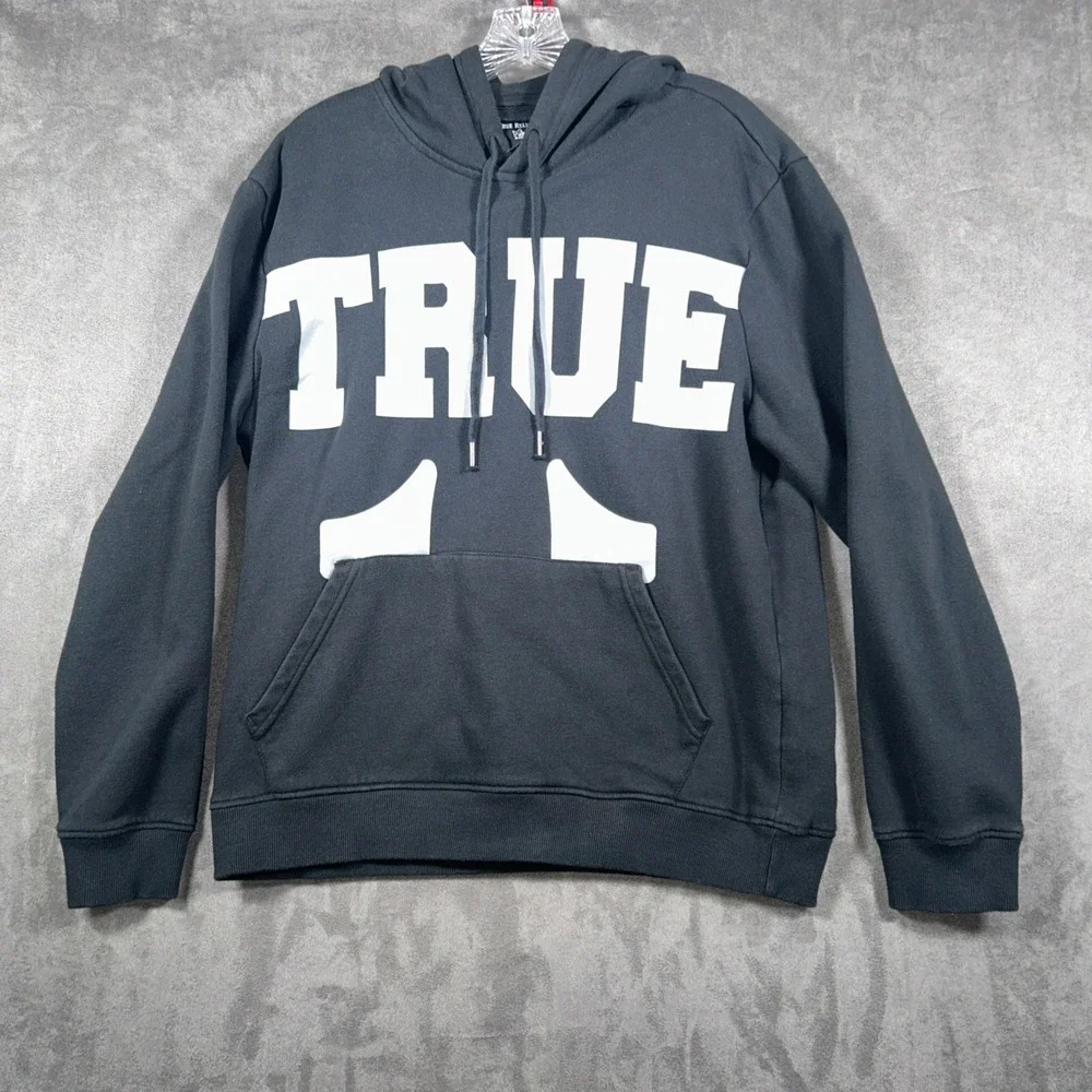 True Religion Sweatshirt Mens L Black Hoodie Pullover Logo Pocket Casual TRUE